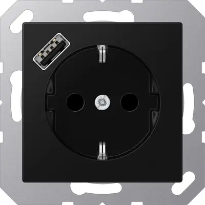 JUNG wandcontactdoos randaarde Safety+ met USB-A A-range grafietzwart mat (A 1520-18 A SWM)
