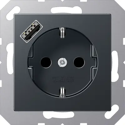 JUNG wandcontactdoos randaarde Safety+ met USB-A A-range antraciet mat (A 1520-18 A ANM)