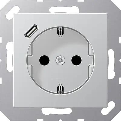 JUNG wandcontactdoos randaarde Safety+ met USB-C A-range aluminium (A 1520-18 C AL)