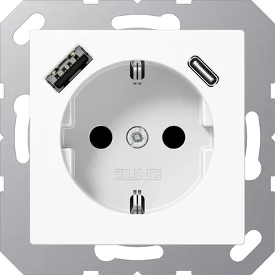 JUNG wandcontactdoos randaarde Safety+ met USB type A en C A-range alpine wit (A 1520-15 CA WW)