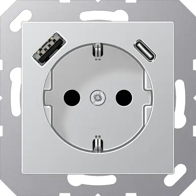 JUNG wandcontactdoos randaarde Safety+ met USB type A en C A-range aluminium (A 1520-15 CA AL)