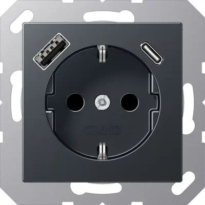 JUNG wandcontactdoos randaarde Safety+ met USB type A en C A-range antraciet mat (A 1520-15 CA ANM)