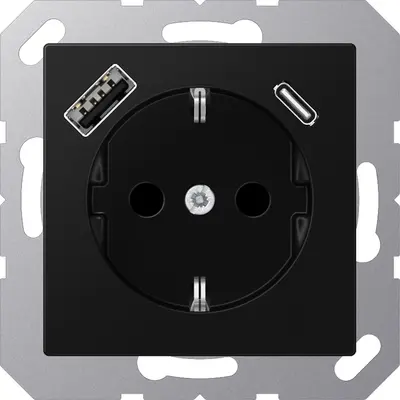 JUNG wandcontactdoos randaarde Safety+ met USB type A en C A-range grafietzwart mat (A 1520-15 CA SWM)