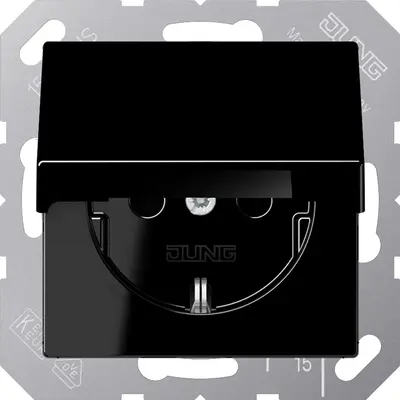 JUNG wandcontactdoos randaarde Safety+ met klapdeksel A-range zwart glans (A 1520 NBFKIKL SW)