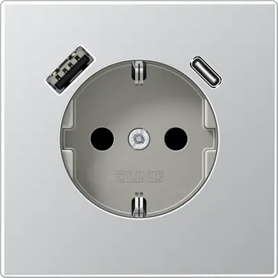 JUNG wandcontactdoos randaarde Safety+ met USB type A en C LS990 aluminium (AL 1520-15 CA)