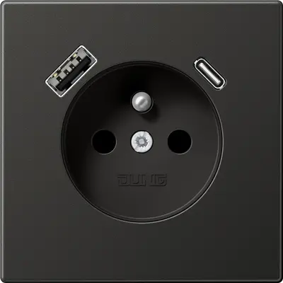 JUNG wandcontactdoos penaarde Safety+ met USB type A en C LS990 antraciet gelakt aluminium (AL 1520 F-15 CA AN)