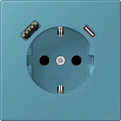 JUNG wandcontactdoos randaarde Safety+ met USB type A en C Les Couleurs ceruleen vif 212 (LC 1520-15 CA 212)
