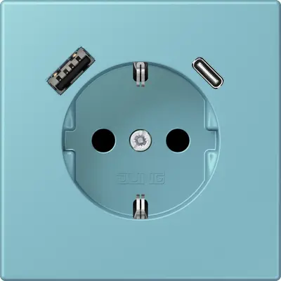 JUNG wandcontactdoos randaarde Safety+ met USB type A en C Les Couleurs ceruleen moyen 213 (LC 1520-15 CA 213)