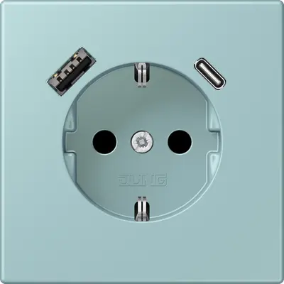 JUNG wandcontactdoos randaarde Safety+ met USB type A en C Les Couleurs ceruleen clair 214 (LC 1520-15 CA 214)