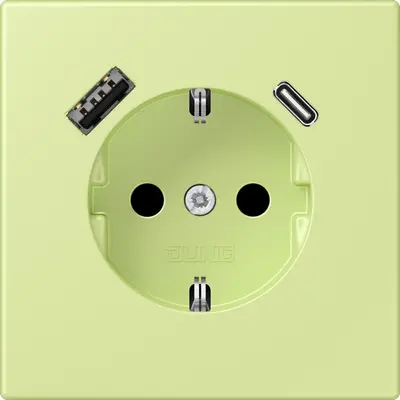 JUNG wandcontactdoos randaarde Safety+ met USB type A en C Les Couleurs vert jaune clair 222 (LC 1520-15 CA 222)