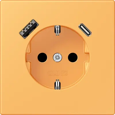JUNG wandcontactdoos randaarde Safety+ met USB type A en C Les Couleurs ocre jaune clair 254 (LC 1520-15 CA 254)