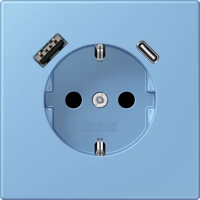 JUNG wandcontactdoos randaarde Safety+ met USB type A en C Les Couleurs bleu ceruleen 59 256 (LC 1520-15 CA 256)