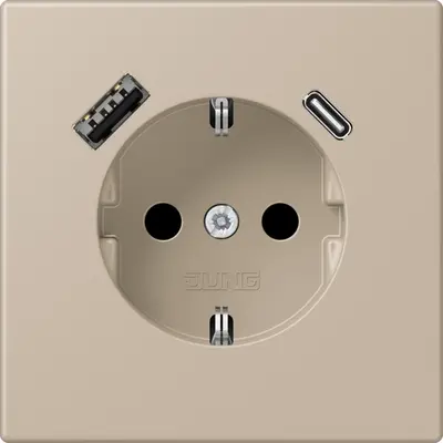 JUNG wandcontactdoos randaarde Safety+ met USB type A en C Les Couleurs ombre naturelle claire 243 (LC 1520-15 CA 243)