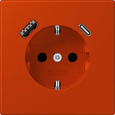 JUNG wandcontactdoos randaarde Safety+ met USB type A en C Les Couleurs rouge vermillon 59 244 (LC 1520-15 CA 244)