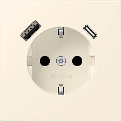 JUNG wandcontactdoos randaarde Safety+ met USB type A en C Les Couleurs blanc ivoire 245 (LC 1520-15 CA 245)