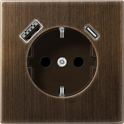 JUNG wandcontactdoos randaarde Safety+ met USB type A en C LS990 messing antiek (ME 1520-15 CA AT)