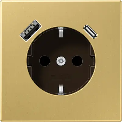 JUNG wandcontactdoos randaarde Safety+ met USB type A en C LS990 messing klassiek (ME 1520-15 CA C)