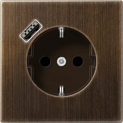 JUNG wandcontactdoos randaarde Safety+ met USB-A LS990 messing antiek (ME 1520-18 A AT)
