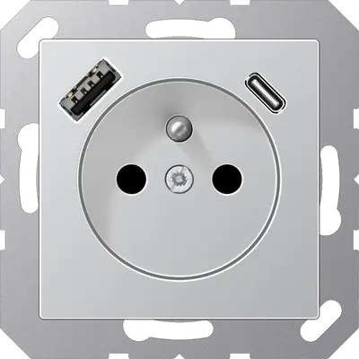 JUNG wandcontactdoos penaarde Safety+ met USB type A en C A-range aluminium (A 1520 F-15 CA AL)