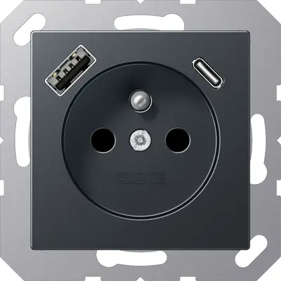JUNG wandcontactdoos penaarde Safety+ met USB type A en C A-range antraciet mat (A 1520 F-15 CA ANM)
