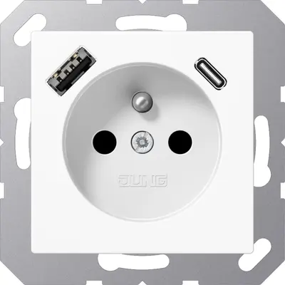 JUNG wandcontactdoos penaarde Safety+ met USB type A en C A-range alpine wit (A 1520 F-15 CA WW)
