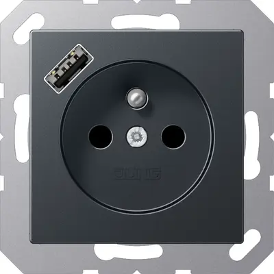 JUNG wandcontactdoos penaarde Safety+ met USB type A A-range antraciet mat (A 1520 F-18 A ANM)
