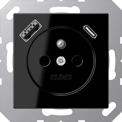 JUNG wandcontactdoos penaarde Safety+ met USB type A en C A-range zwart glans (A 1520 F-15 CA SW)
