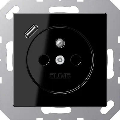 JUNG wandcontactdoos penaarde Safety+ met USB type C A-range zwart glans (A 1520 F-18 C SW)