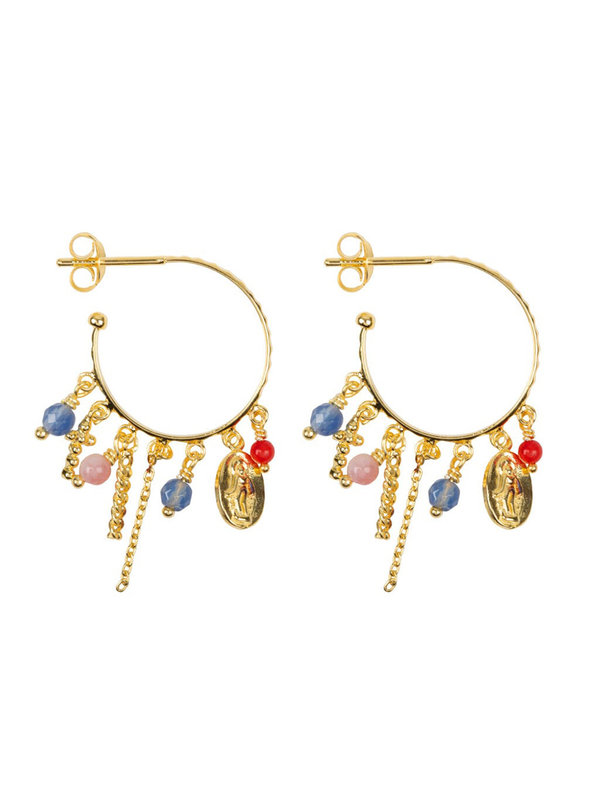 Hoop Maria And Cross Beads And Colors Earring Gold Plated Betty Bogaers Hoop Maria And Cross Beads And Colors Earring Gold Plated