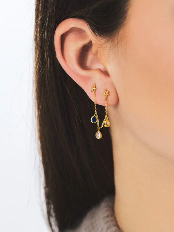 Anna + Nina Earring Single Star Rain Chain Stud Goldplated