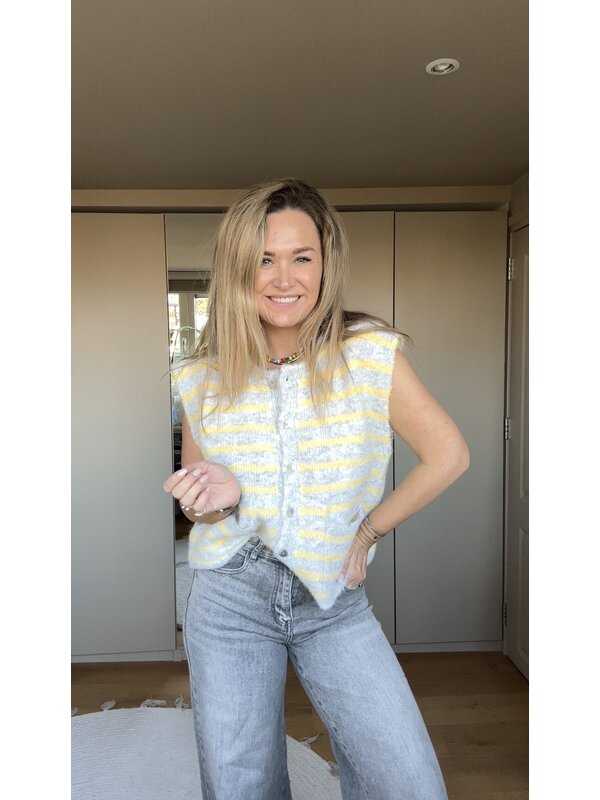 By Sara Collection Ambre Knit Gillet Geel Grijs Gestreept Ambre Knit Gillet Geel Grijs Gestreept