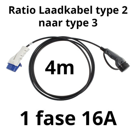 Ratio Laadkabel type 2 naar type 3 - 1 fase 16A - 4 meter