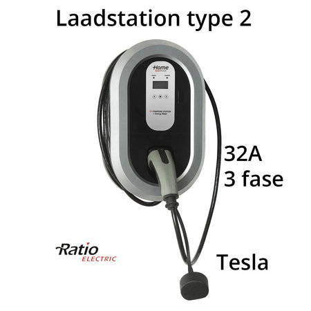 Ratio Home Box Plus type 2, 32A, 3 fase met vaste rechte laadkabel + KWh meter