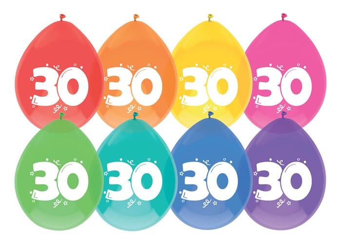 Ballonnen 30 Jaar Multicolor 30CM (8ST)