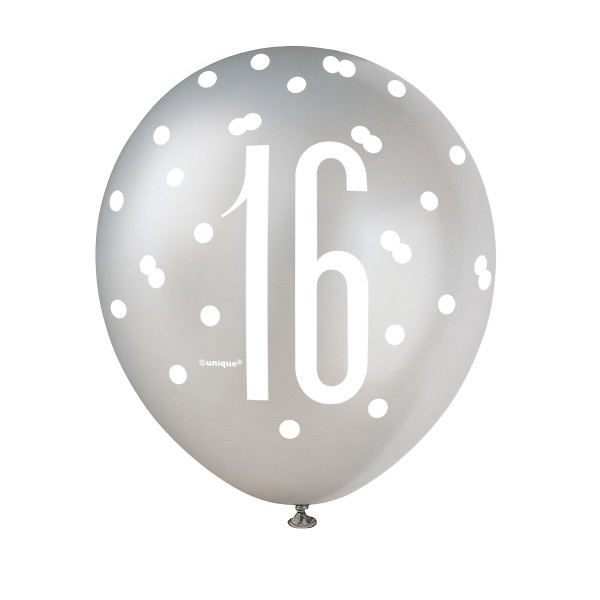 Ballonnen 16 Jaar Zwart & Zilver 30CM (6ST)