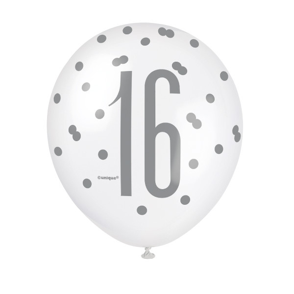 Ballonnen 16 Jaar Zwart & Zilver 30CM (6ST)