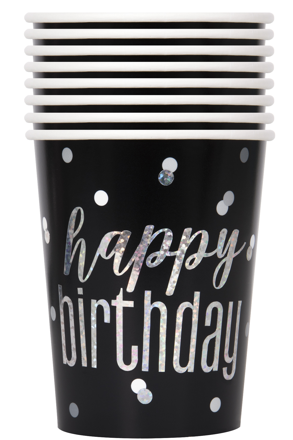 Wegwerp Bekertjes Happy Birthday Zwart & Zilver 270ML (8ST)