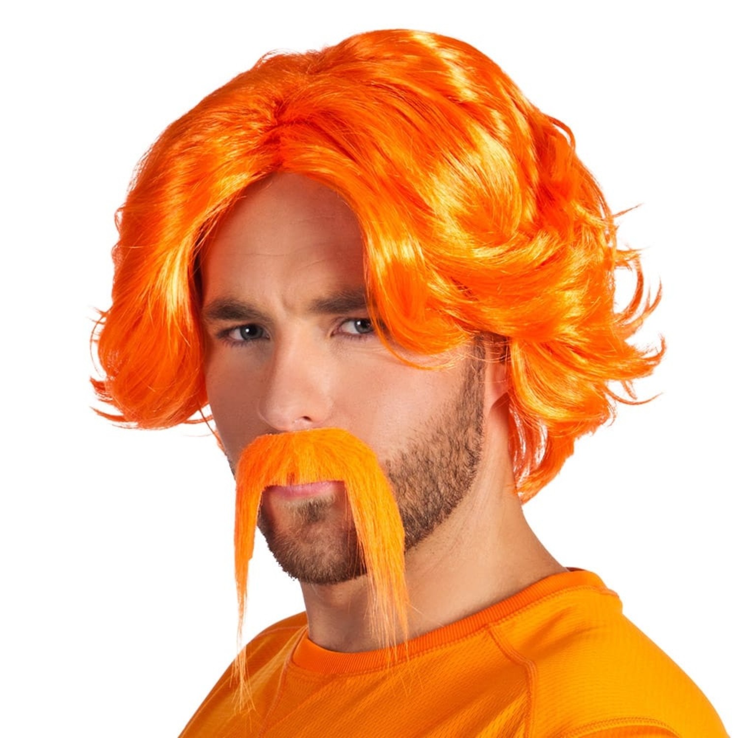 Pruik Oranje met Snor - Partylove.nl