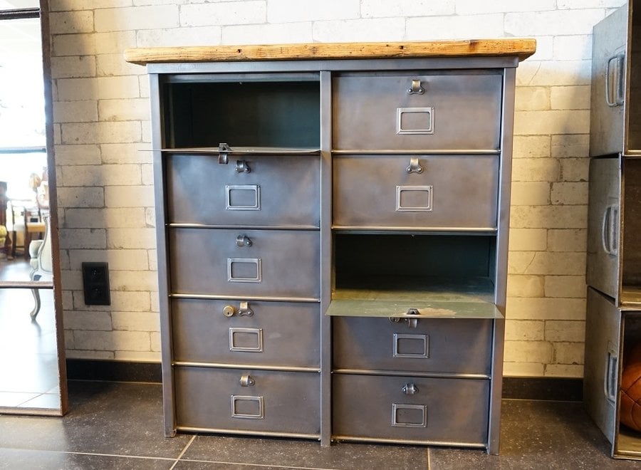Strafor metal cabinet with 10 compartments and top in old wood