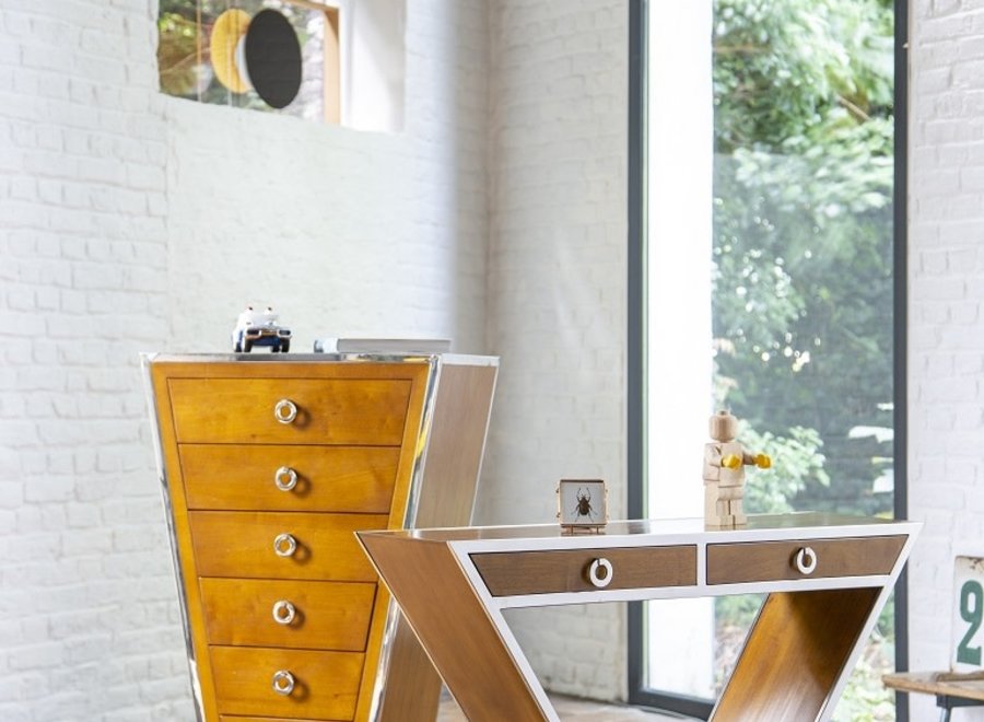 Elegante wandtafel met 2 schuiven in hout en chroom