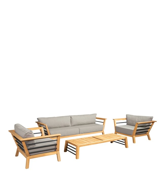 Guiño Compañia 4-Delige Loungeset Hout Teak-Olefin kussens Zilver grijs