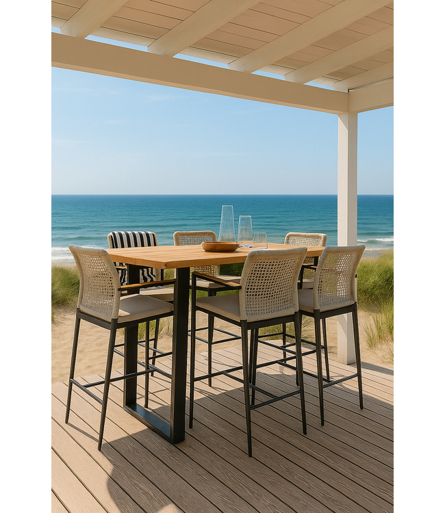 Guiño Plank - elite 5 delige barset bestaande uit Teakhouten bartafel en 4 elite barstoelen met gevlochten rugleuning en teakhouten inleg in de armleuning