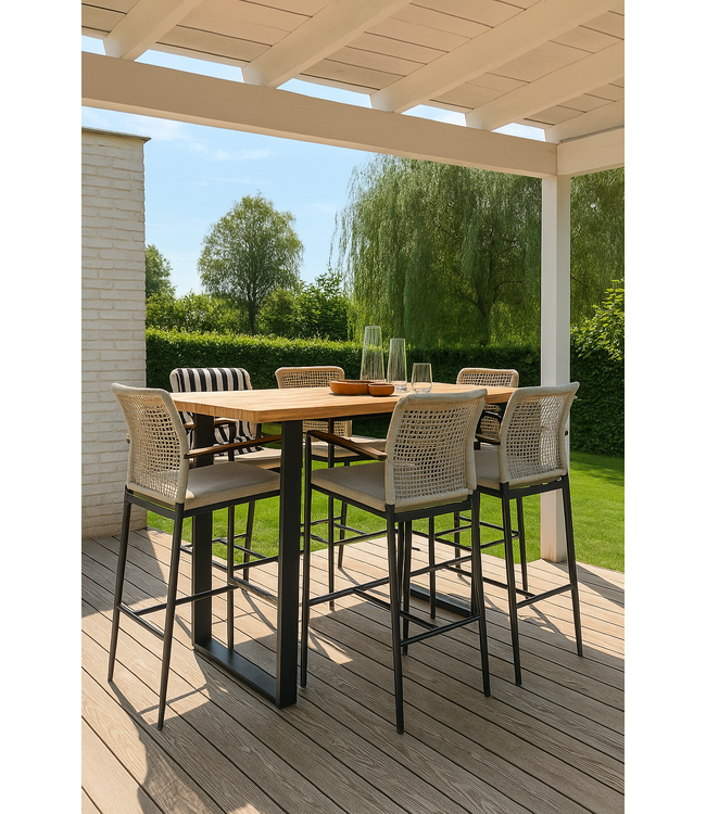 Guiño Plank - elite 5 delige barset bestaande uit Teakhouten bartafel en 4 elite barstoelen met gevlochten rugleuning en teakhouten inleg in de armleuning