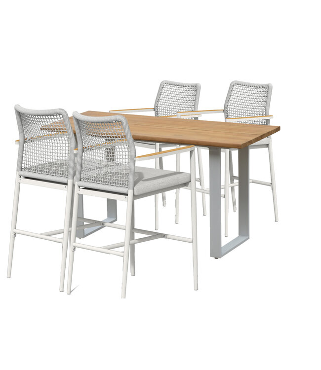 Guiño Plank - elite 5 delige barset bestaande uit Teakhouten bartafel en 4 elite barstoelen met gevlochten rugleuning en teakhouten inleg in de armleuning