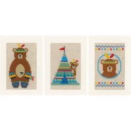 Telpakket - Wenskaart Indianen beer aida set van 3 - ca. 10,5x15cm