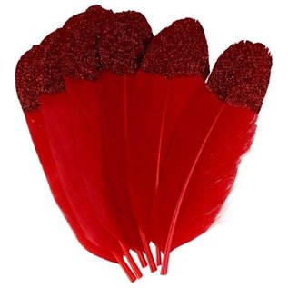 Pluimen - veren barok met rode glitters 6st.