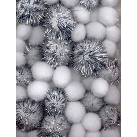 Mix PomPon Set wit incl glitter 50 ST  2 cm, 2.5 cm, 3.5 cm