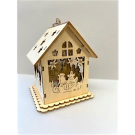 Huis met LED lampje om op te hangen van hout beige, (B/H/D) 9x11x5cm