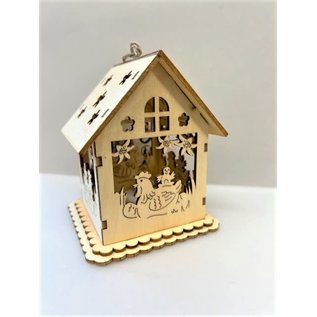 Huis met LED lampje om op te hangen van hout beige 4-voudig, (B/H/D) 9x11x5cm