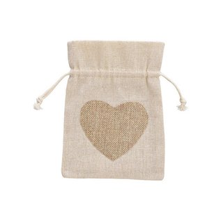 Cadeautas - zakje hart decor gemaakt van textiel beige (B/H) 13x18cm
